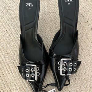 Zara Black Pointed Mules with Buckle